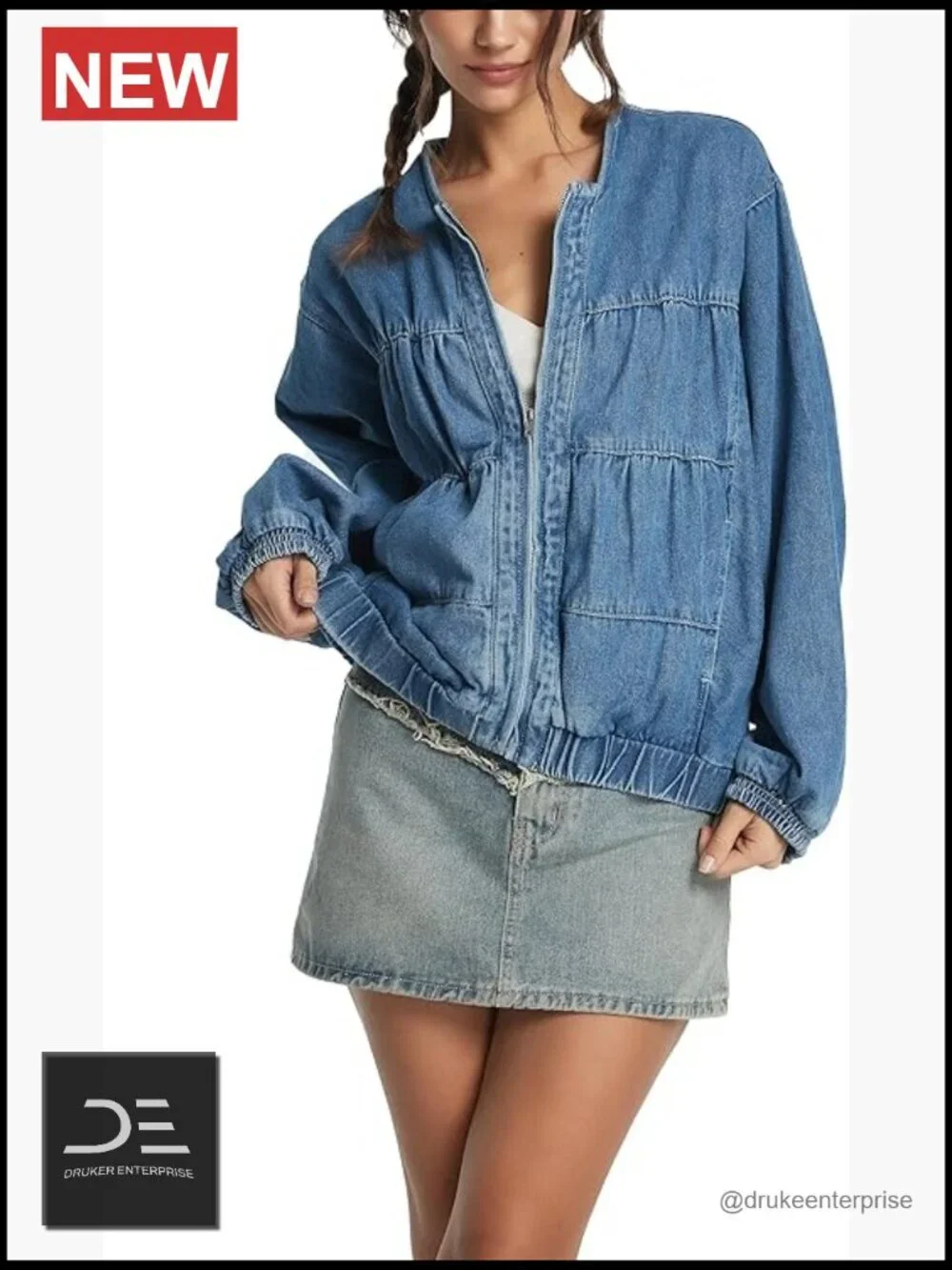 Women Denim Bomber Jacket Collarless Cropped Zip Jean Shirt Jacket Pockets